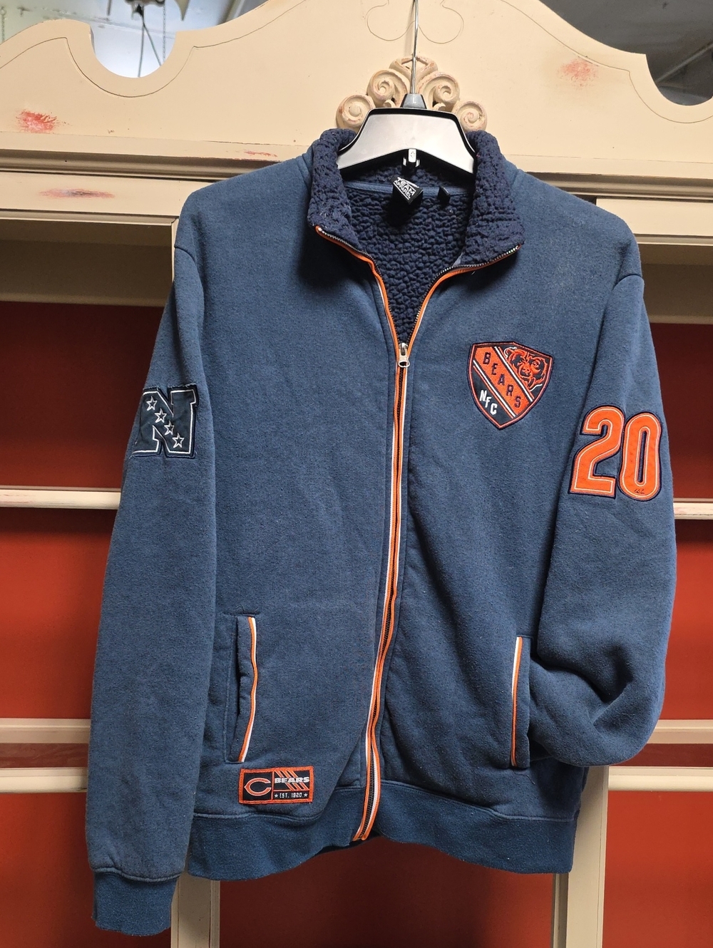 NFL Men's Chicago Bears Navy Zip-Up Sherpa Jacket with Orange Trim